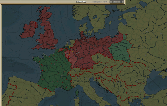 Situation le 24. En vert, les territoires occupés par l'Axe, en rouge, celui occupé par la grande Alliance.